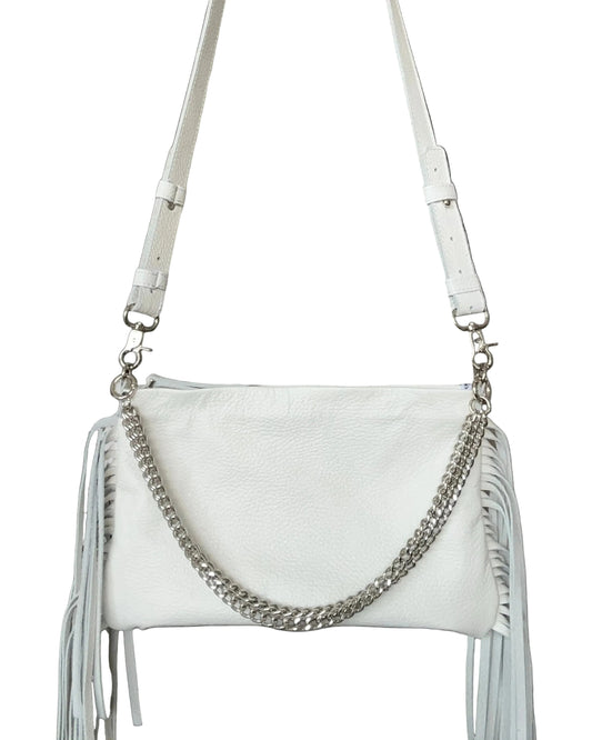 Clutch Fringe de piel auténtica, color plateado